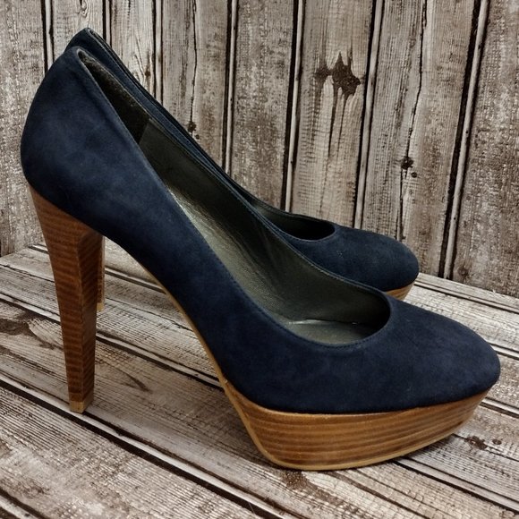 Stuart Weitzman Shoes - Stuart Weitzman | Blue Suede Faux Wood Platform Stiletto Pumps